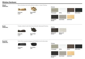 Pella Reserve hardware A screenshot from a Pella pamphlet that shows their lock types for windows and several different finishes for the window hardware.