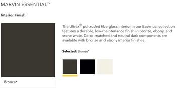 Interior finish Four squares, one larger than the other, with interior frame color options like bronze, black, and white.